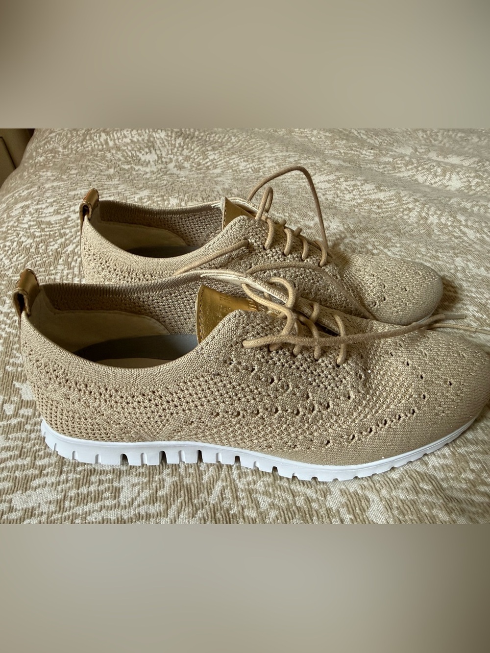 Cole Haan Beige & Gold Knit Lace-Up Sneaker with White Sole